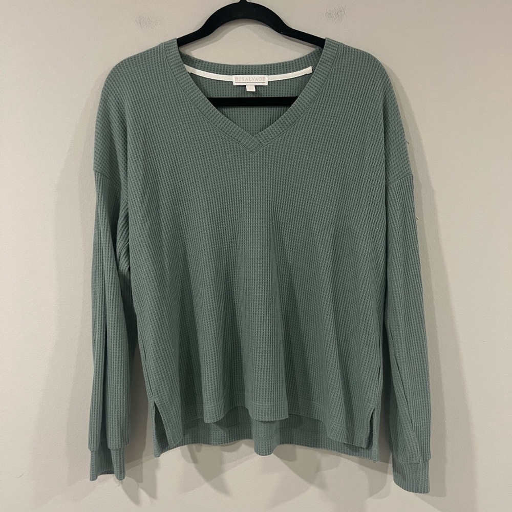 P.J. Salvage Waffle Knit V-Neck Long Sleeve Top Sage Green Small
